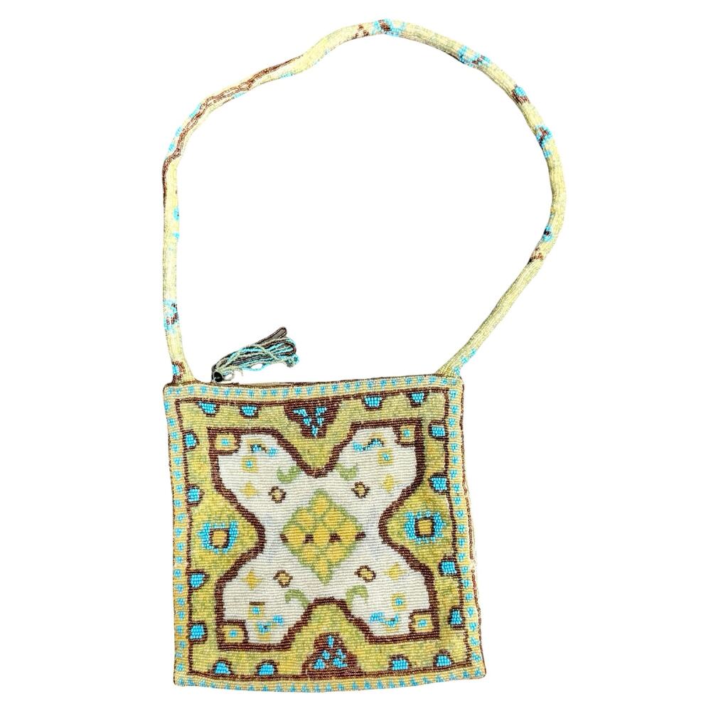 Vintage 90s Beaded Green Blue Brown Cream Zipper Shoulder Bag Jute Purse